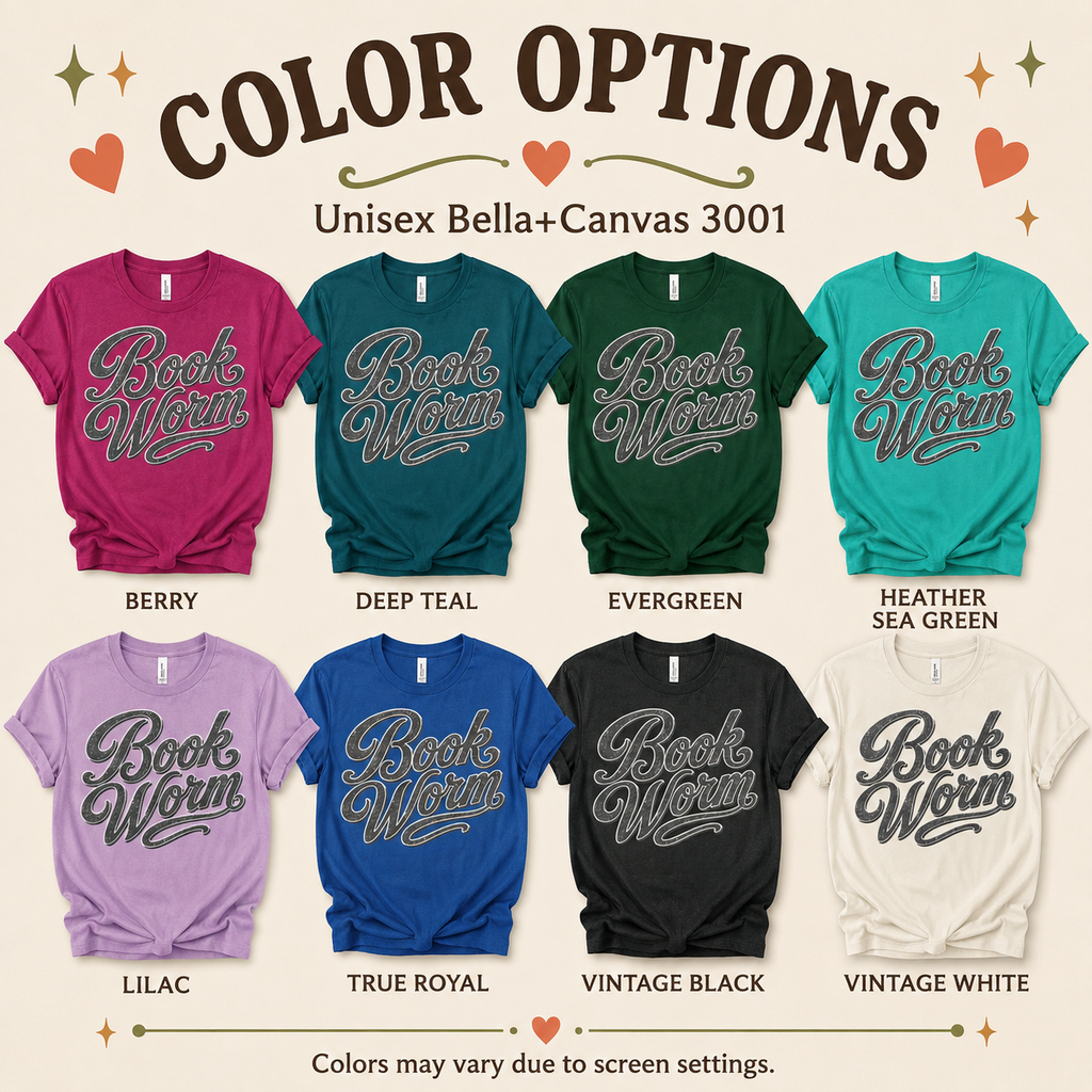 A color chart showing all the color options for Book Worm book lover graphic t-shirt.