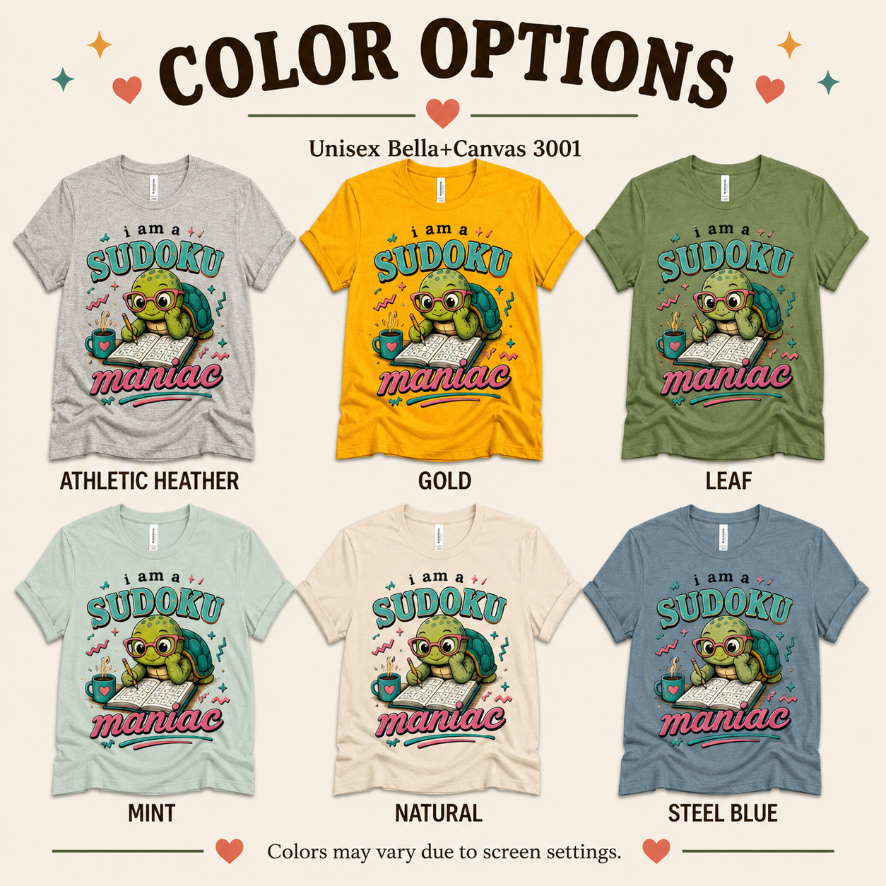 A color chart showing all the color options for Sudoku Maniac funny introvert graphic t-shirt.