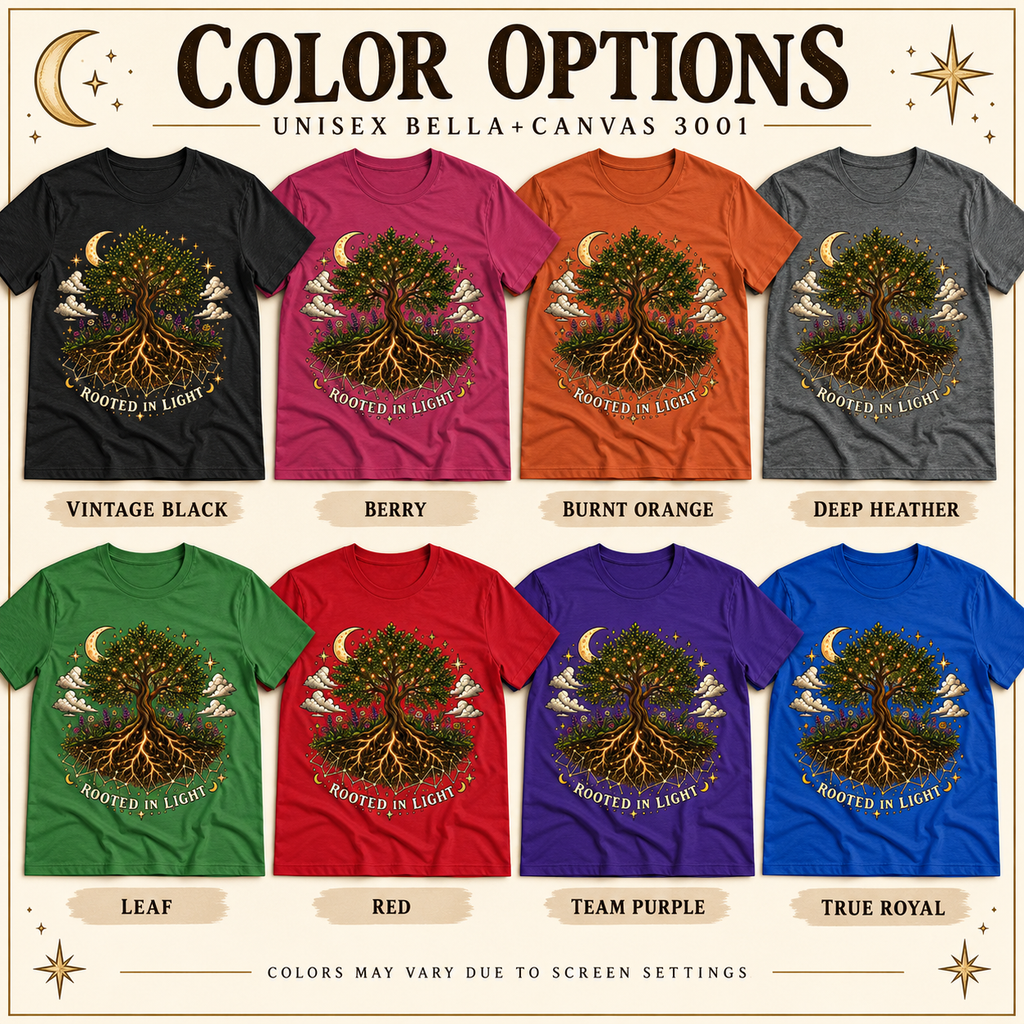 A color chart showing all the color options for Rooted In Light celestial graphic t-shirt.
