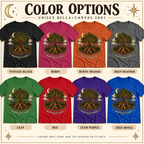 A color chart showing all the color options for Rooted In Light celestial graphic t-shirt.
