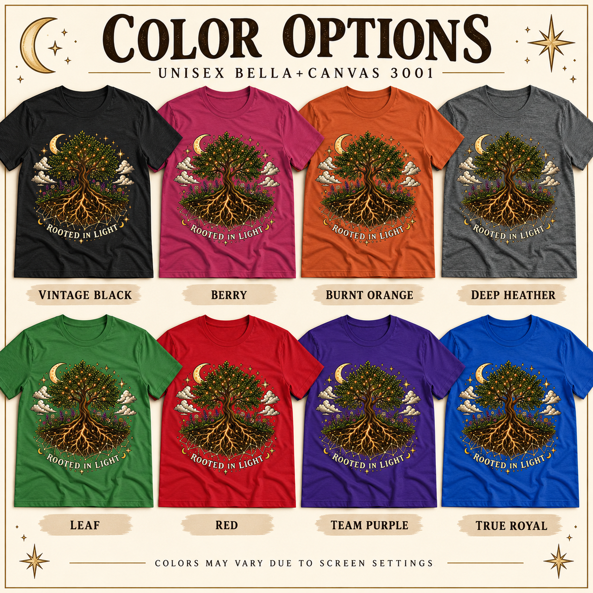 A color chart showing all the color options for Rooted In Light celestial graphic t-shirt.