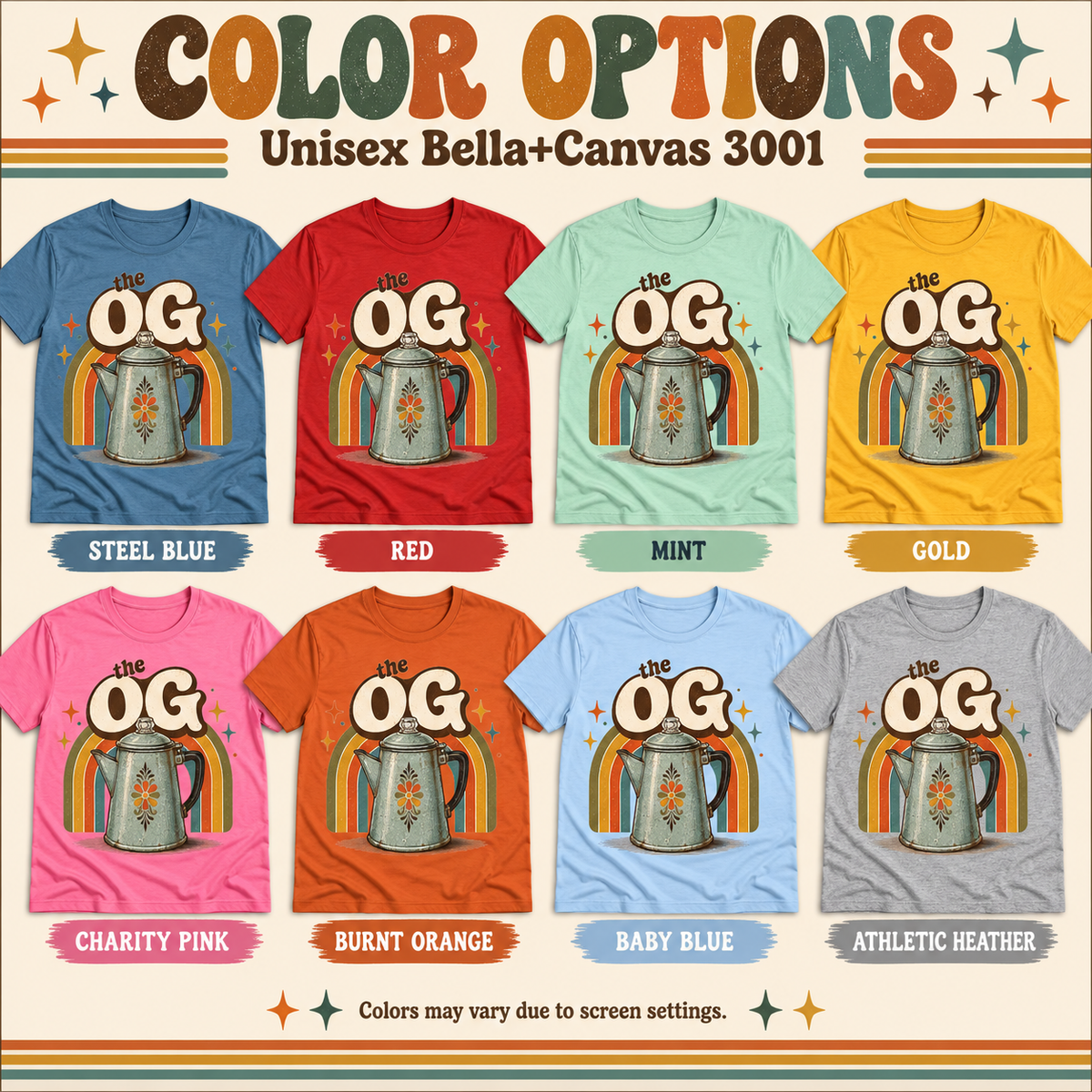A color chart showing all the color options for The OG retro coffee graphic t-shirt.