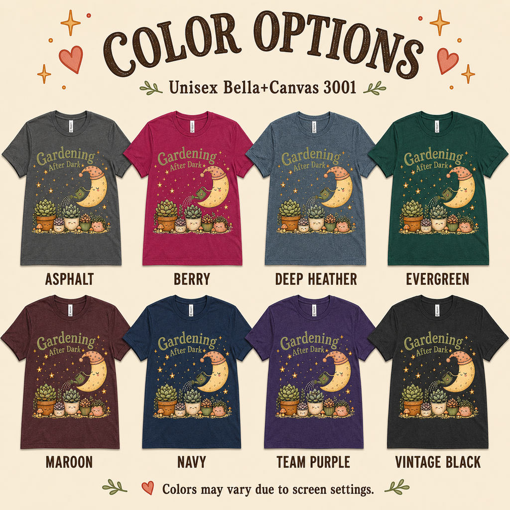 A color chart showing all the color options for Gardening After Dark nature lover graphic t-shirt.