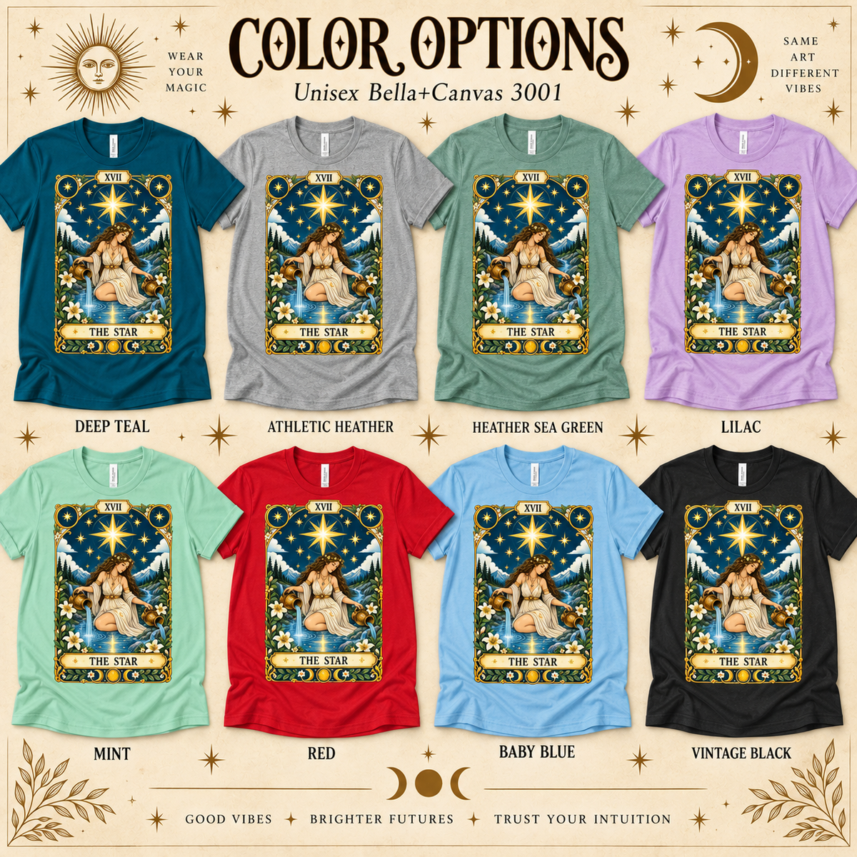 A color chart showing all the color options for The Star tarot card graphic t-shirt.