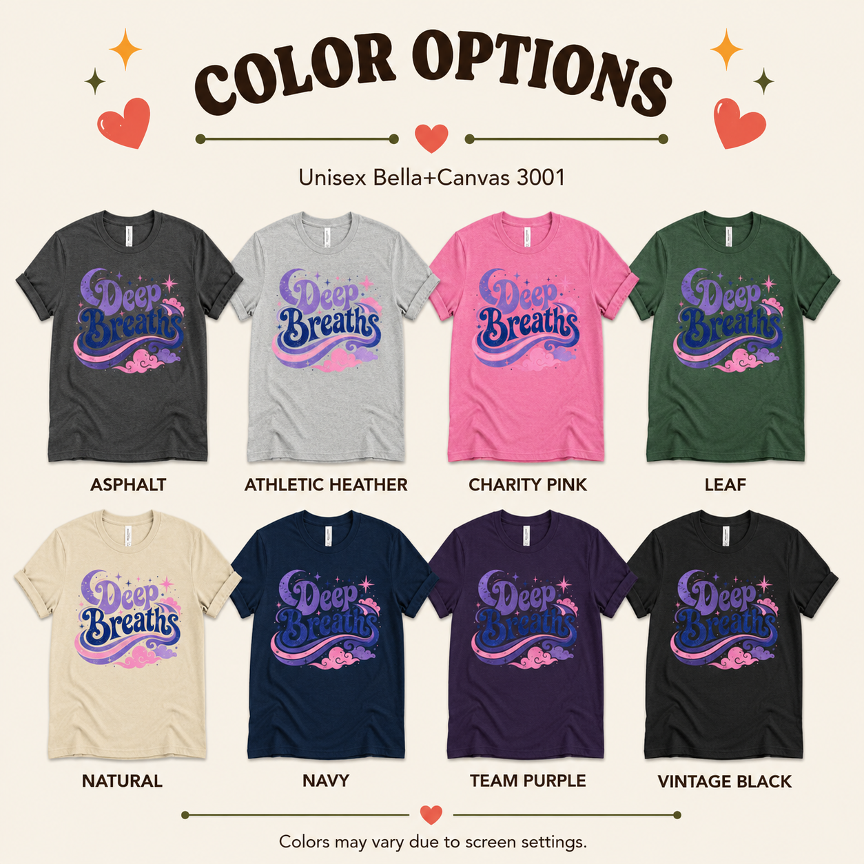 A color chart showing all the color options for Deep Breaths inspirational introvert graphic t-shirt.