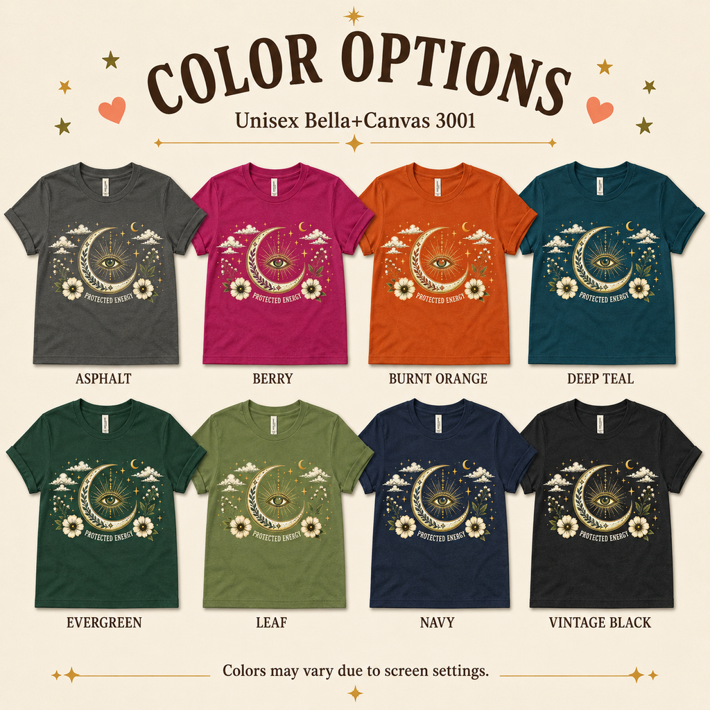 A color chart showing all the color options for Protected Energy celestial graphic t-shirt.