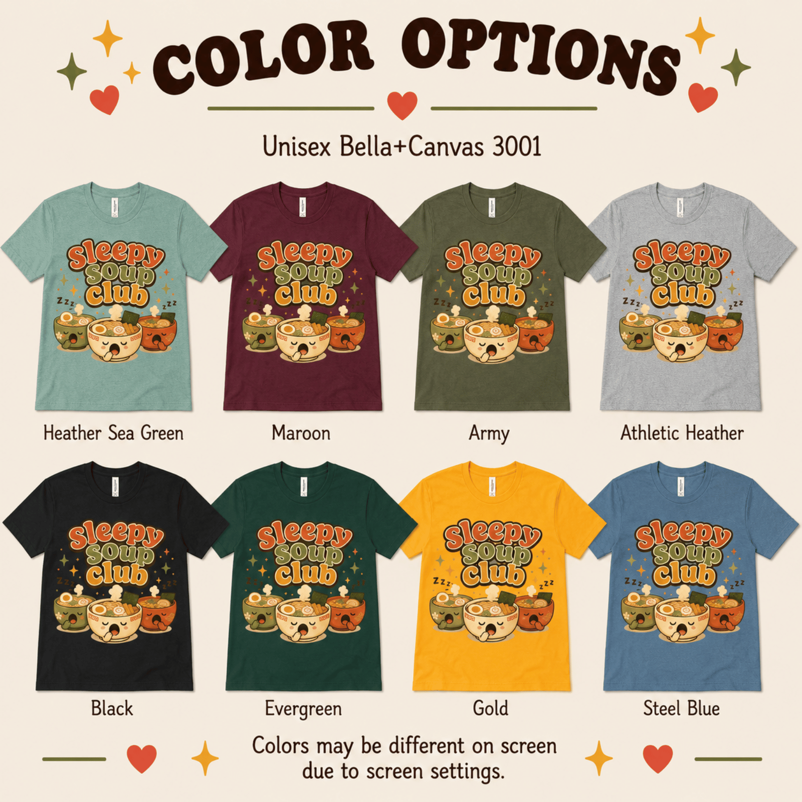 Sleepy Soup Club color chart showing all color options available for this graphic t-shirt.
