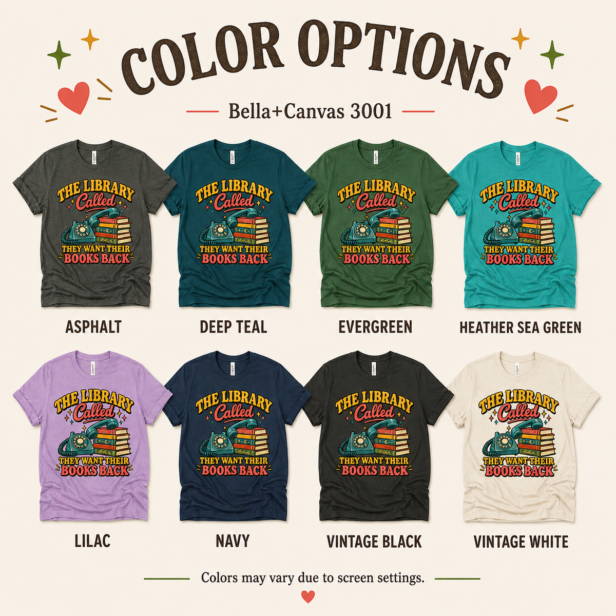 A color chart showing all the color options for The Library Called book lovers graphic t-shirt.