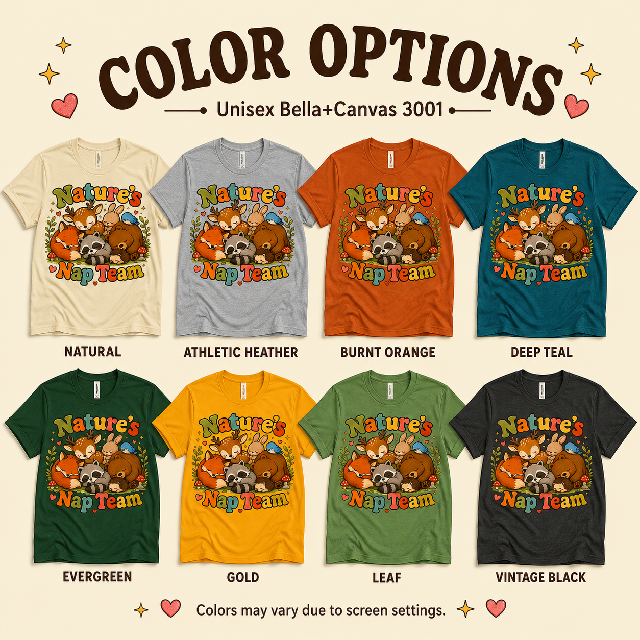 A color chart showing all the color options for Nature's Nap Team cute animal graphic t-shirt.