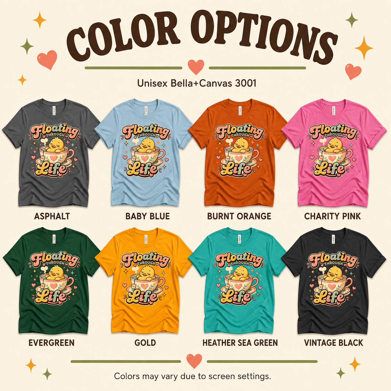 A color chart showing all the color options for Floating Through Life graphic t-shirt.