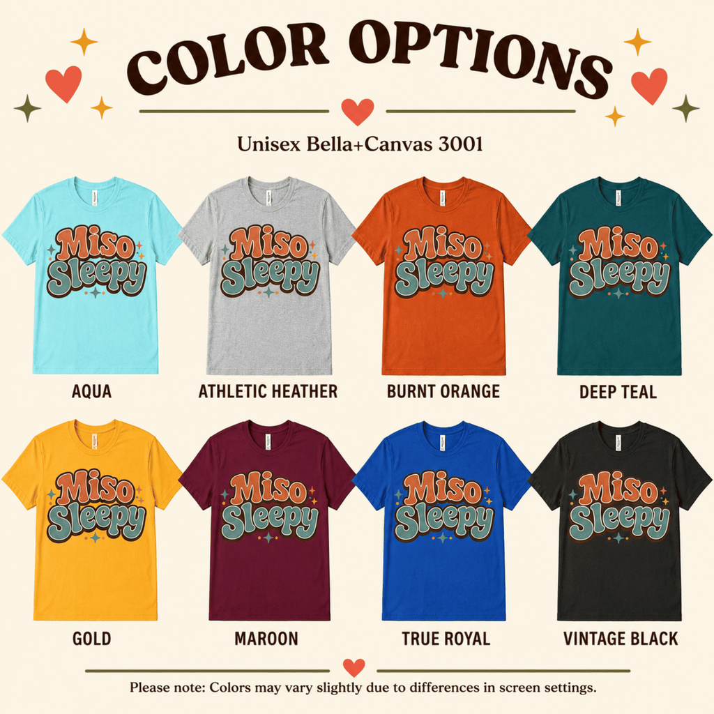 Miso Sleepy color chart showing all color options available for this graphic t-shirt.