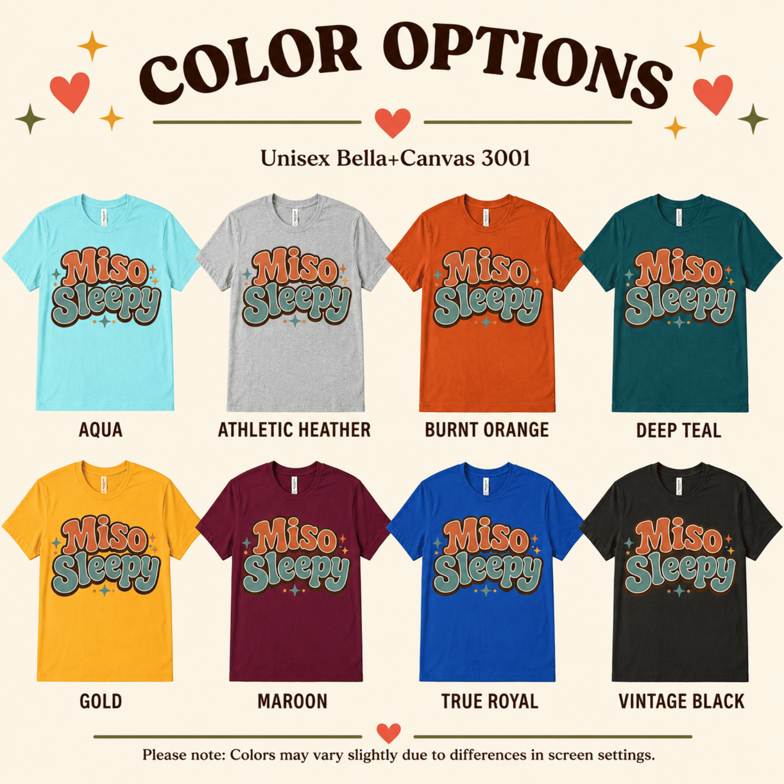 Miso Sleepy color chart showing all color options available for this graphic t-shirt.