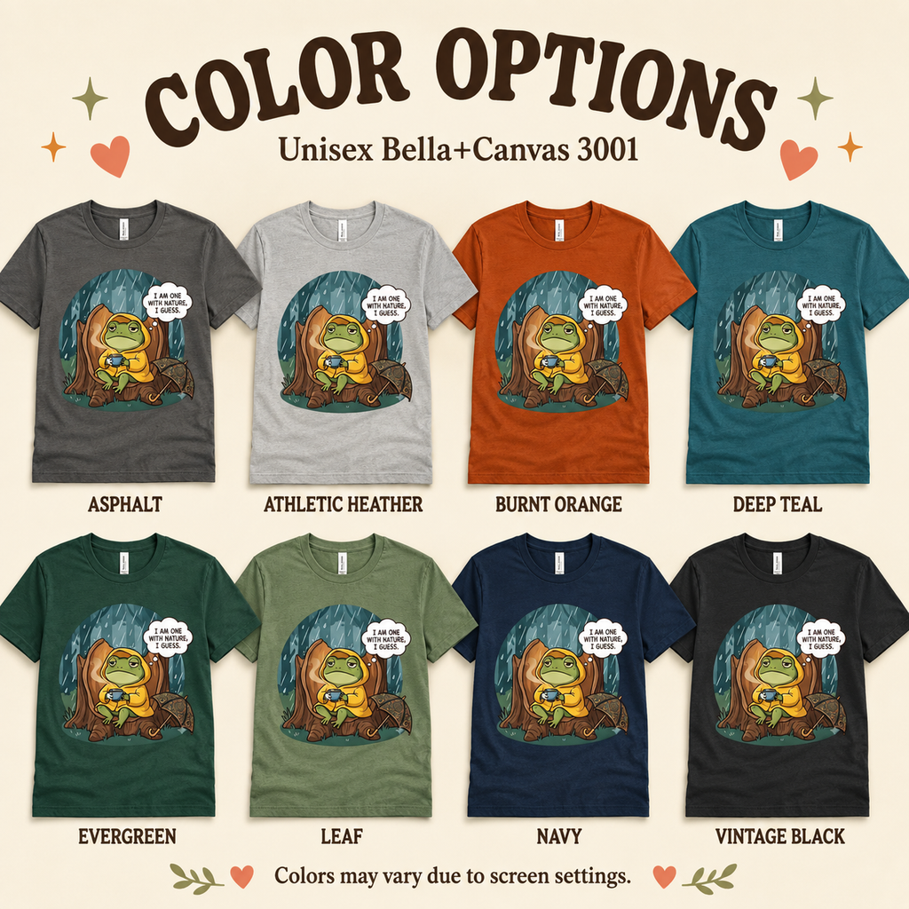 A color chart showing all the color options for One With Nature funny nature graphic t-shirt.