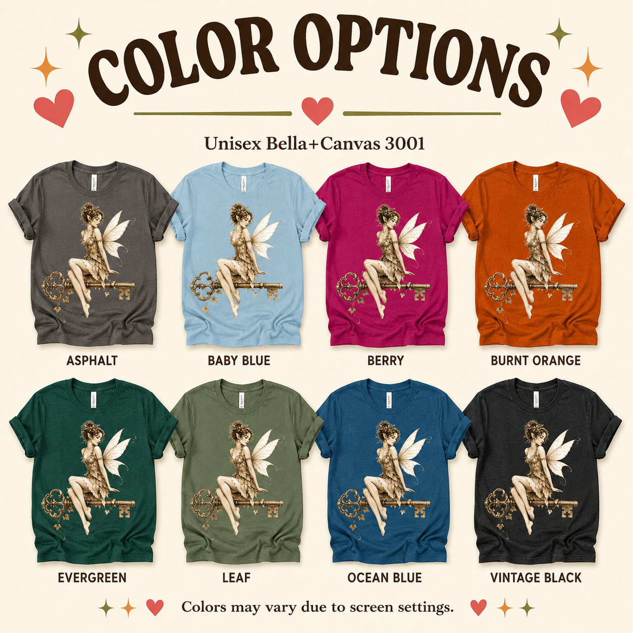 A color chart showing all the color options for Fairy Key pinup graphic t-shirt.