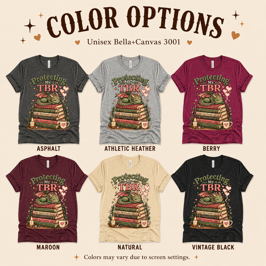 A color chart showing all the color options for Protecting My TBR cute book graphic t-shirt.