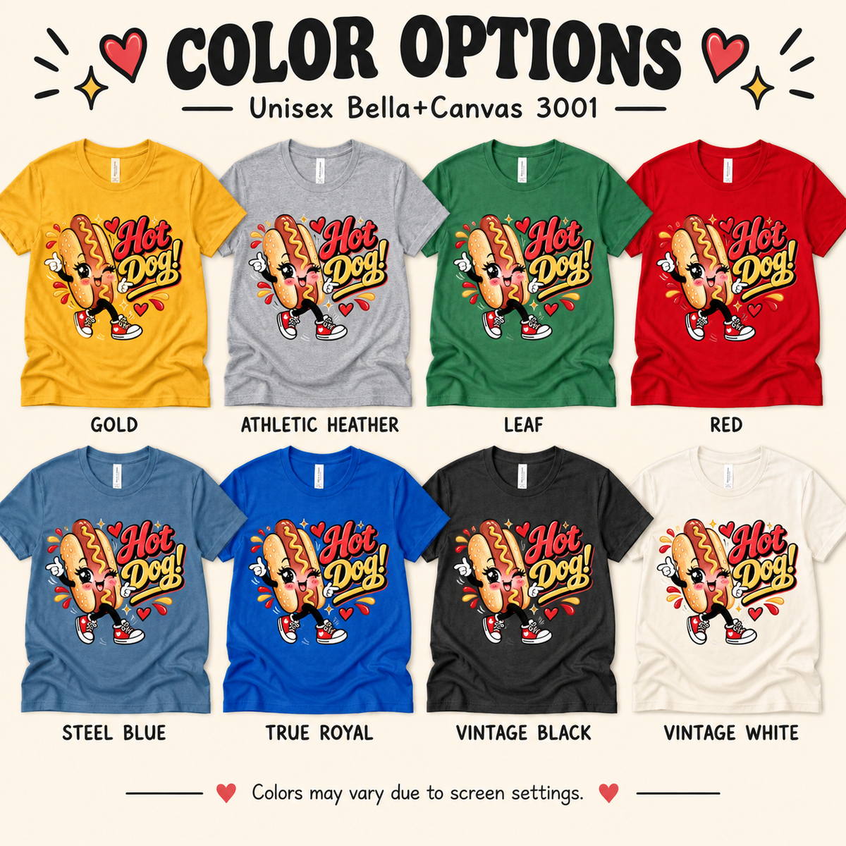 A color chart showing all the color options for Hot Dog! retro food graphic t-shirt.