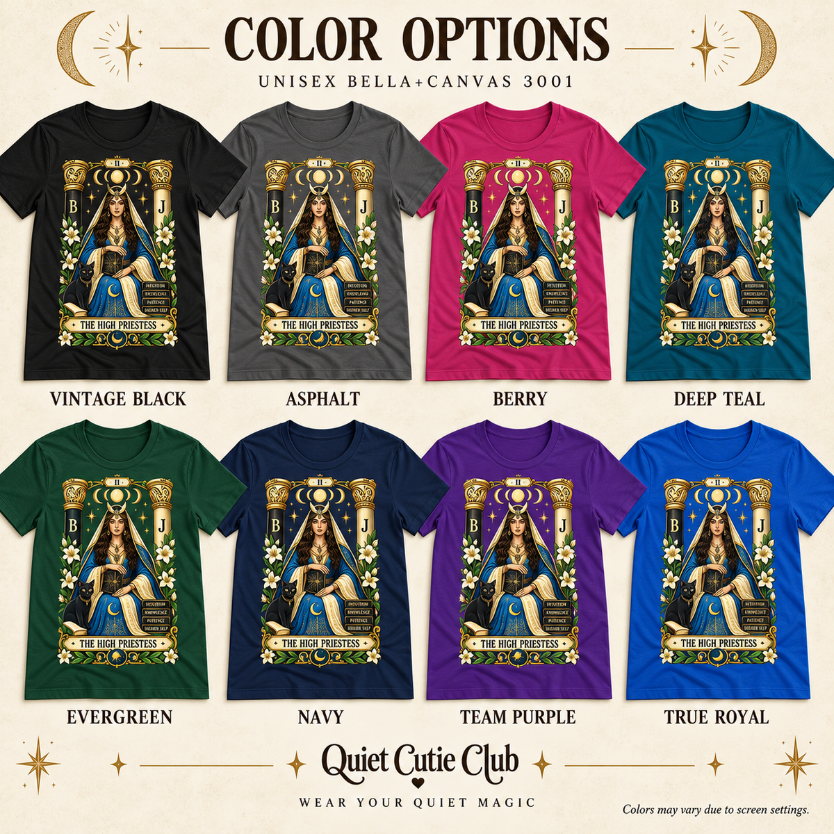 A color chart showing all the color options for The High Priestess tarot card graphic t-shirt.
