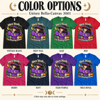 A chart showing all the color options for Hex Yeah witchy celestial graphic t-shirt.
