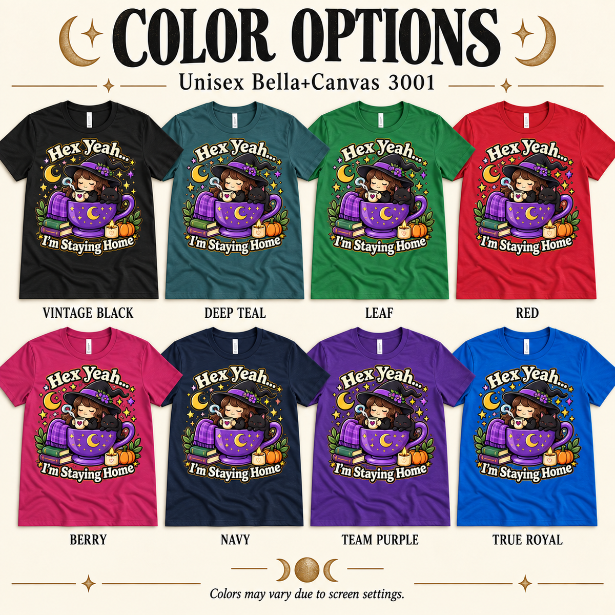A chart showing all the color options for Hex Yeah witchy celestial graphic t-shirt.