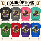 A color chart showing all the color options for Moonlit & Unbothered witchy celestial graphic t-shirt.