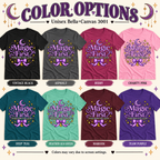 A color chart showing all the color options for Magic First whimsical celestial graphic t-shirt.