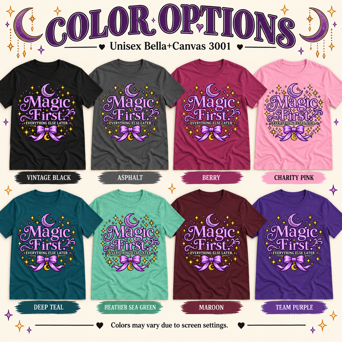A color chart showing all the color options for Magic First whimsical celestial graphic t-shirt.