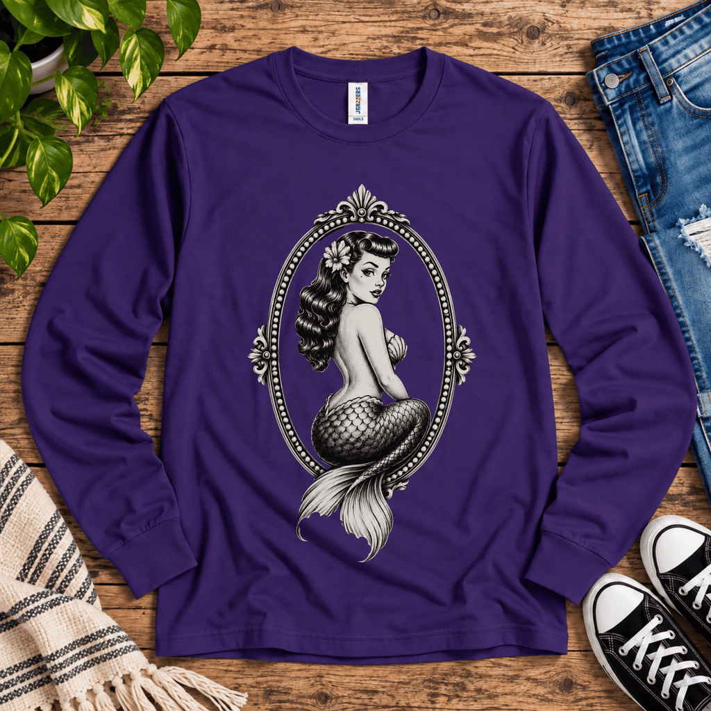 Mermaid Cameo vintage pinup graphic long sleeve t-shirt cozy flat lay in deep purple.