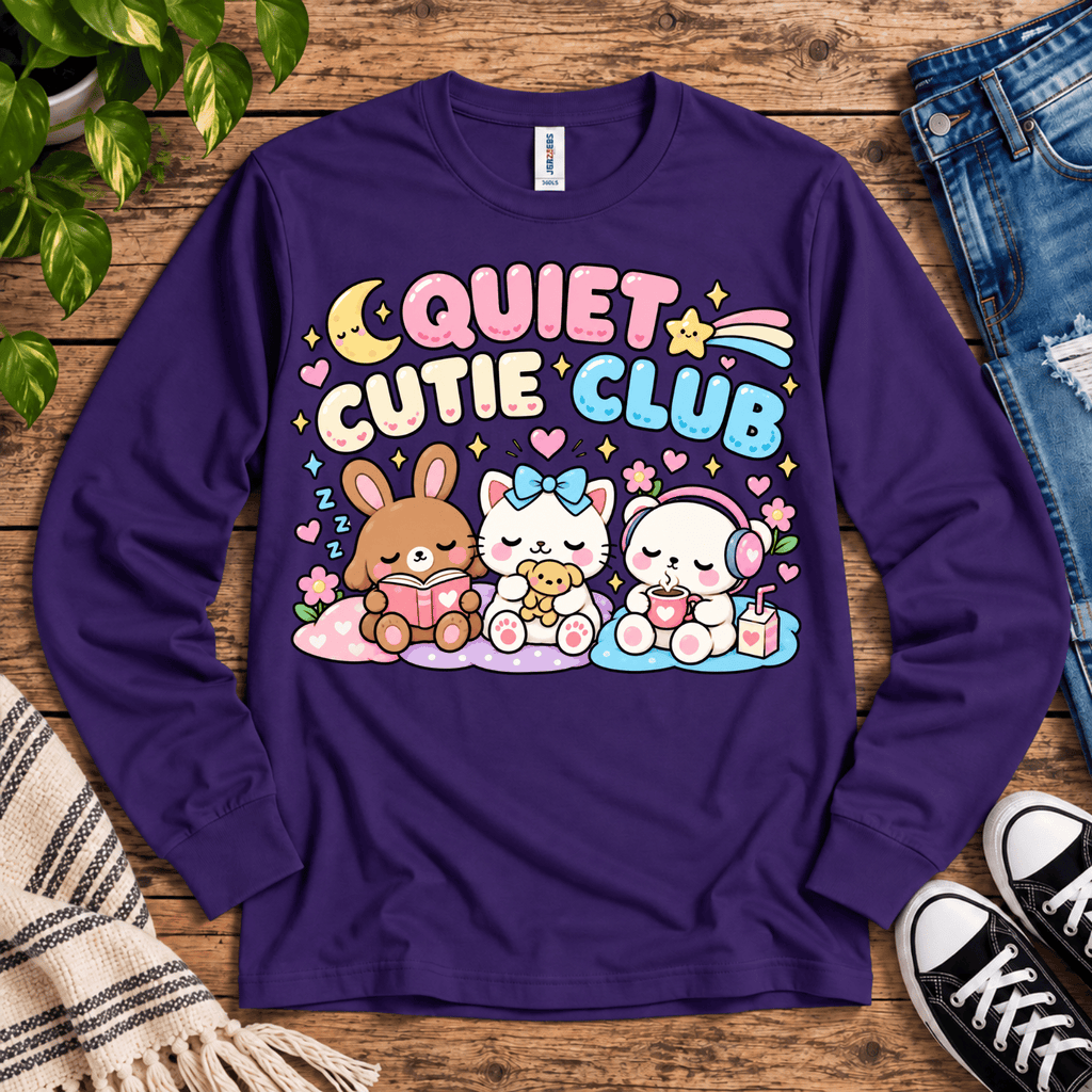 Quiet Cutie Club introvert graphic long sleeve cozy flat lay in deep purple.
