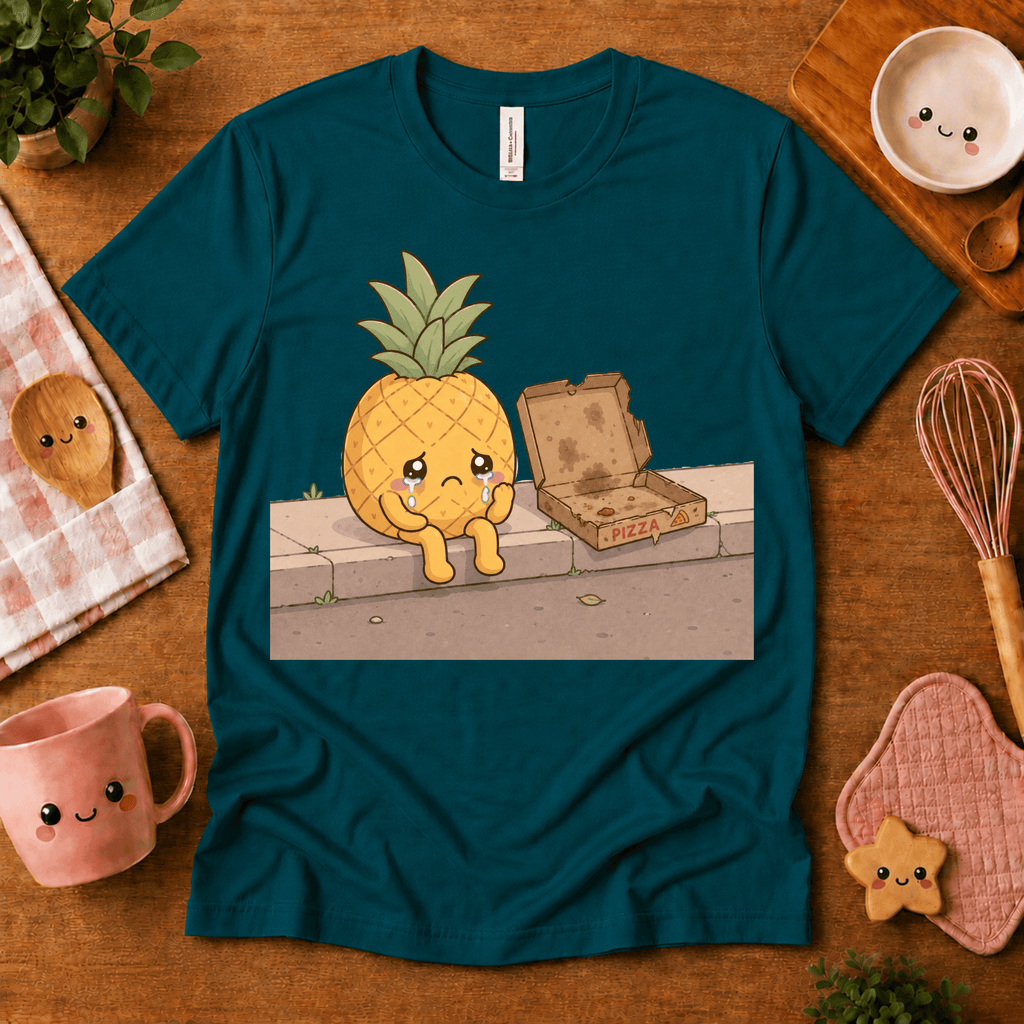 Pineapple Pizza cute food graphic t-shirt cozy flat lay in deep teal.