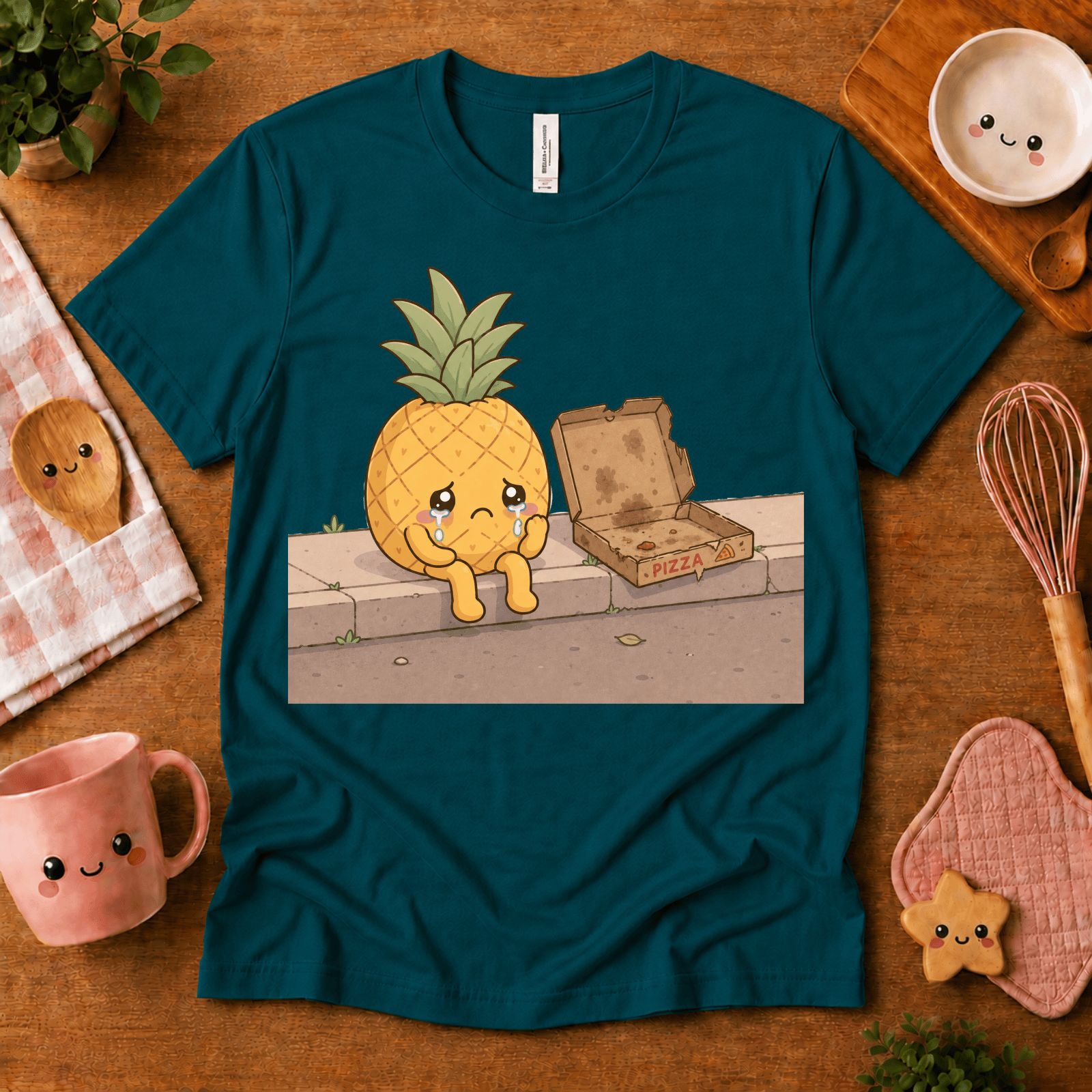 Pineapple Pizza cute food graphic t-shirt cozy flat lay in deep teal.