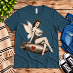 Love Bomb vintage pinup graphic t-shirt cozy flat lay in deep teal.