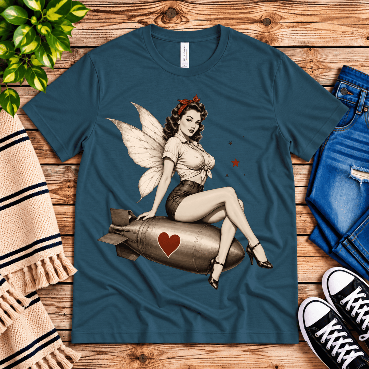 Love Bomb vintage pinup graphic t-shirt cozy flat lay in deep teal.
