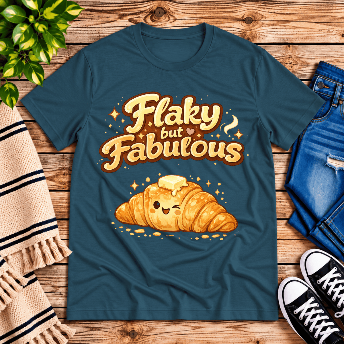 Flaky But Fabulous cute food graphic t-shirt cozy flat lay in deep teal.