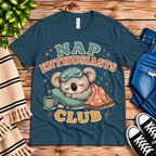 Nap Enthusiasts Club cute animal graphic t-shirt cozy flat lay in deep teal.