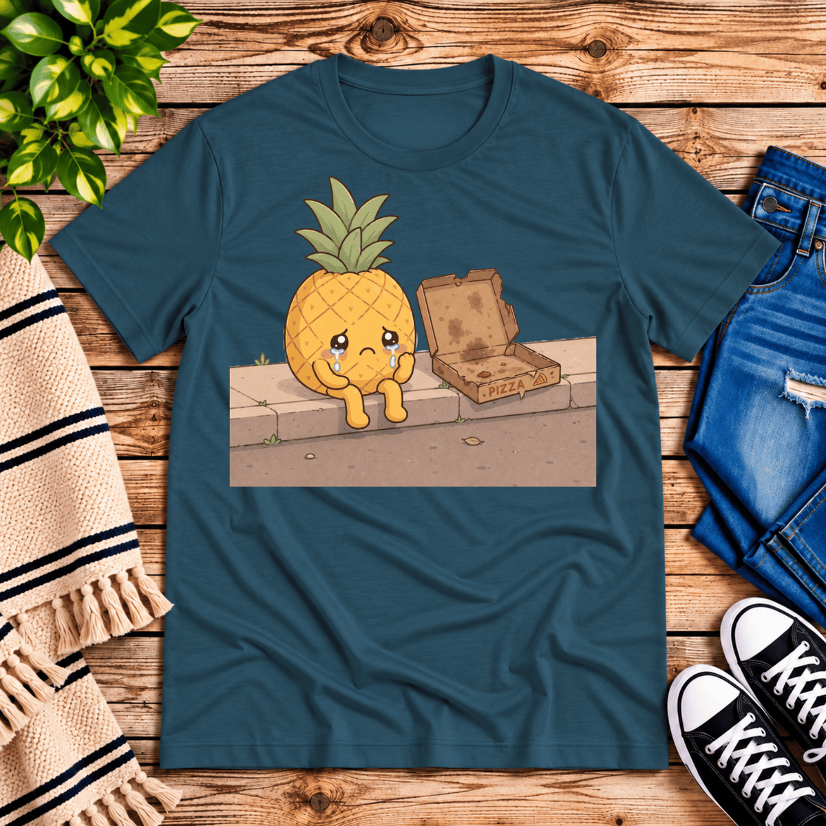 Pineapple Pizza funny food graphic t-shirt cozy flat lay in deep teal.