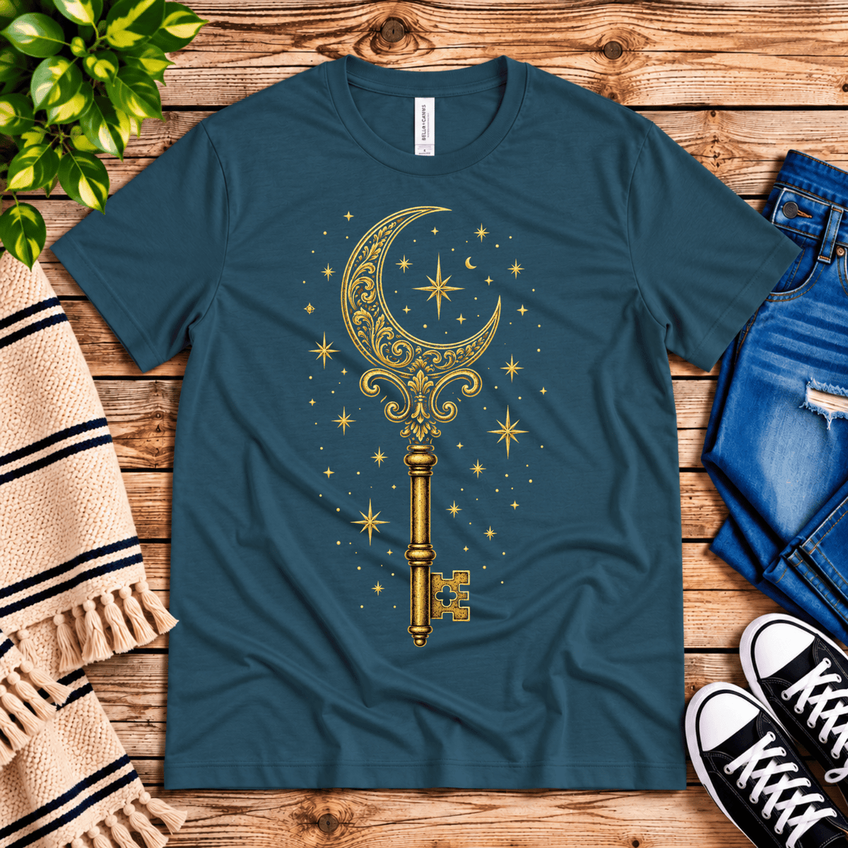 Moonlight Key whimsical celestial graphic t-shirt cozy flat lay in deep teal.