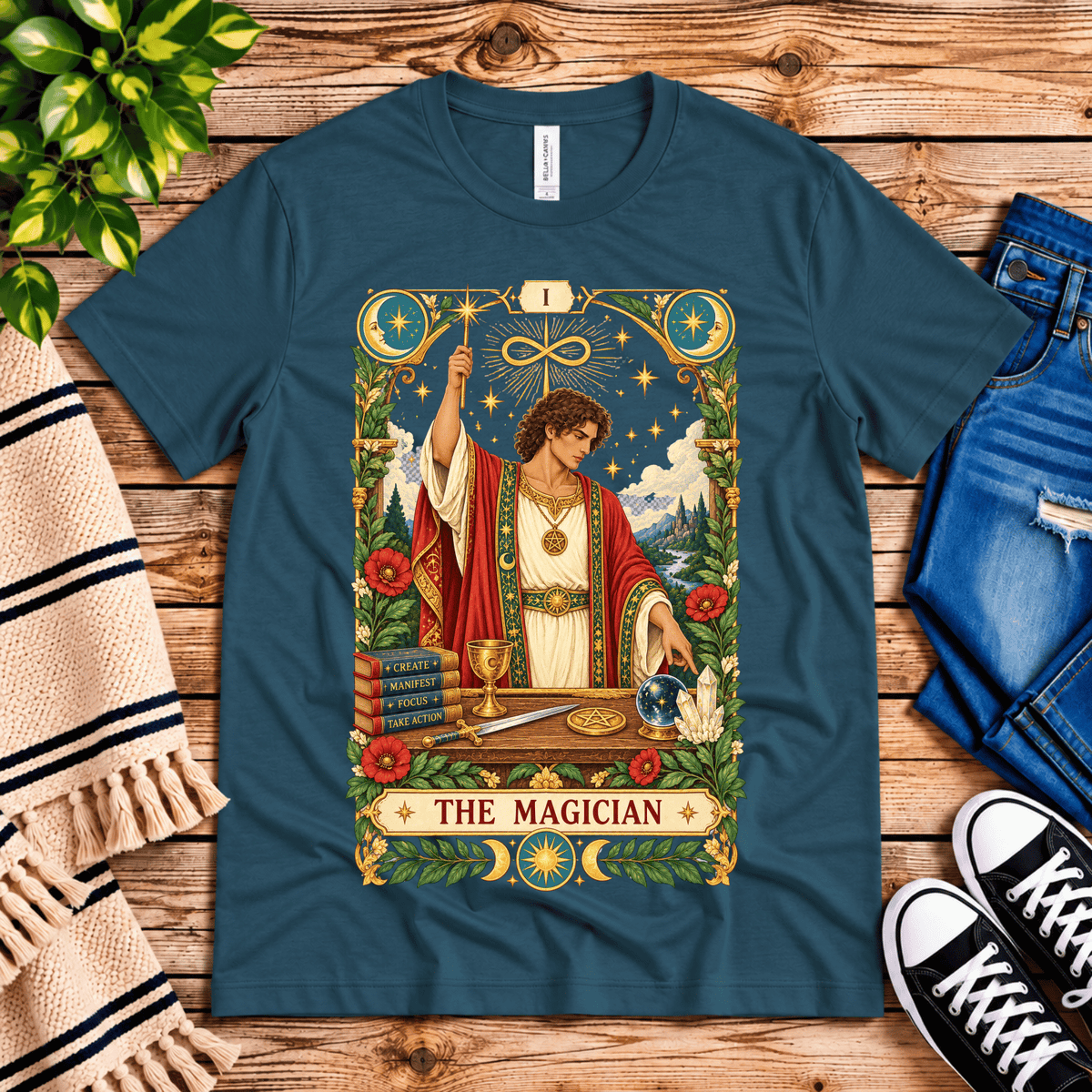 The Magician tarot card graphic t-shirt cozy flat lay in deep teal.