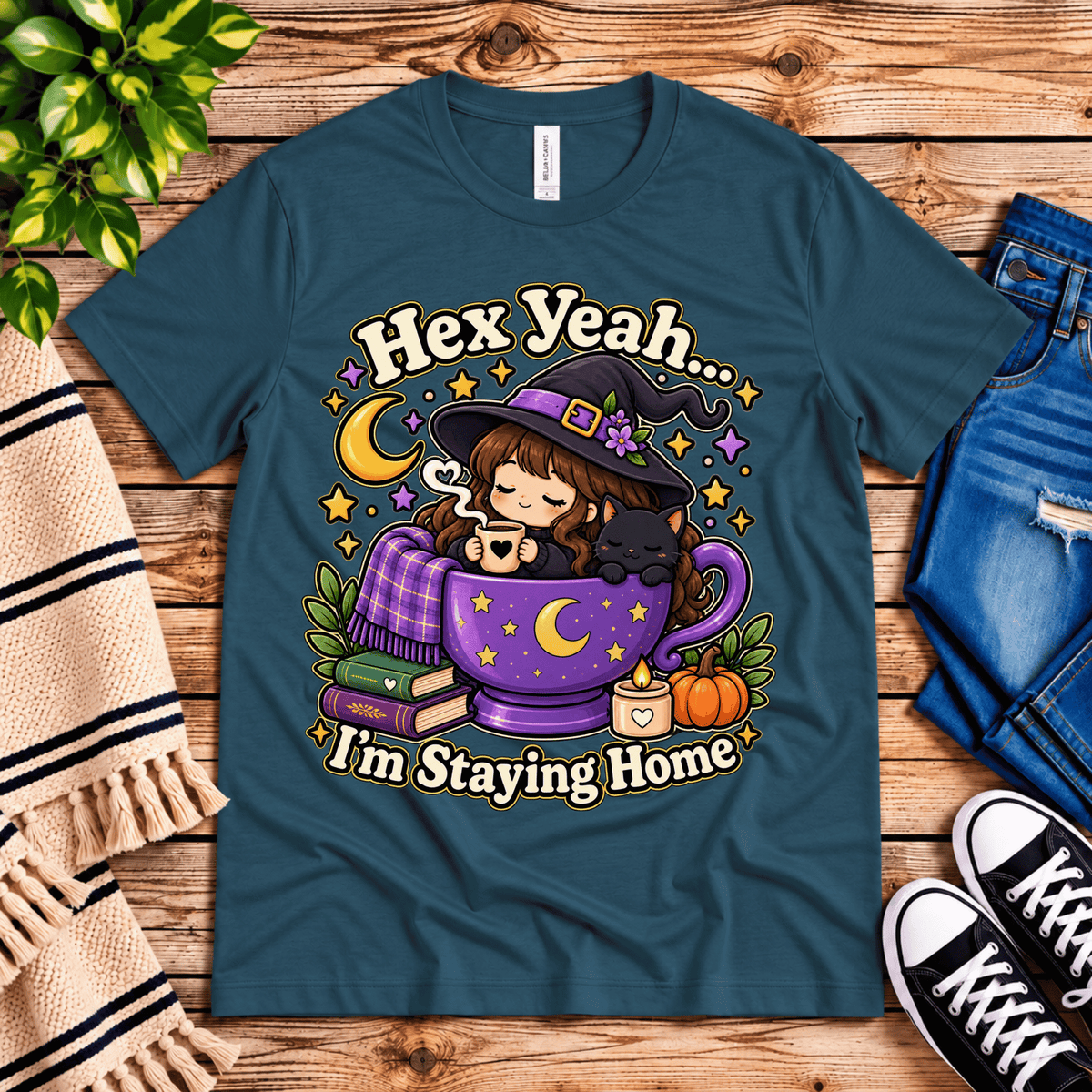 Hex Yeah witchy celestial graphic t-shirt cozy flat lay in deep teal.