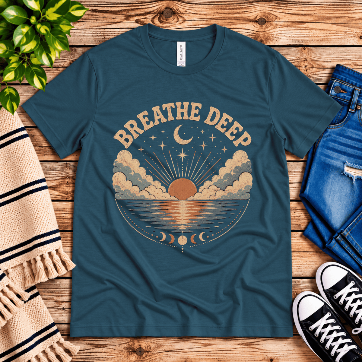 Breathe Deep inspirational introvert graphic t-shirt cozy flat lay in deep teal.