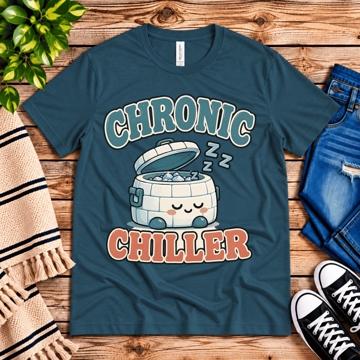 Chronic Chiller funny introvert graphic t-shirt cozy flat lay in deep teal.