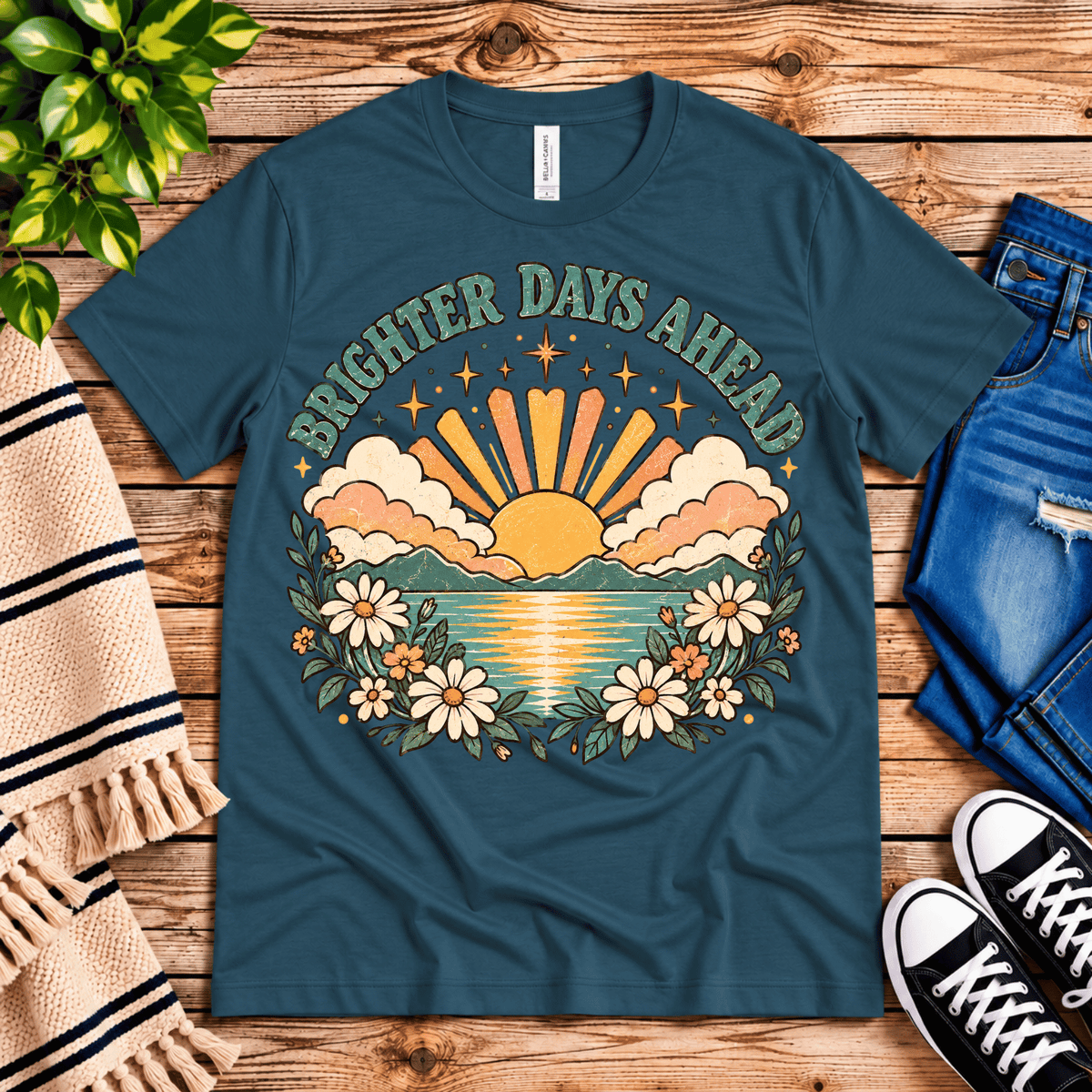 Brighter Days Ahead inspirational introvert graphic t-shirt cozy flat lay in deep teal.