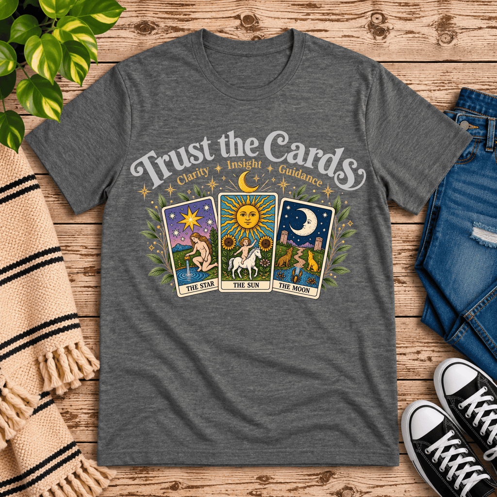Trust the Cards mystical tarot graphic t-shirt cozy flat lay in deep heather.