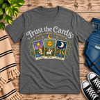 Trust the Cards mystical tarot graphic t-shirt cozy flat lay in deep heather.