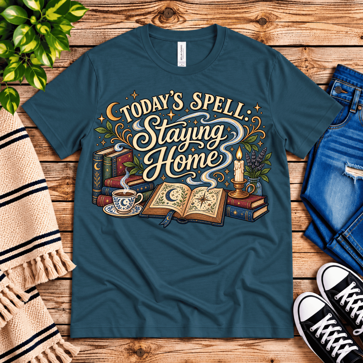 Today's Spell celestial witchy graphic t-shirt cozy flat lay in deep teal.