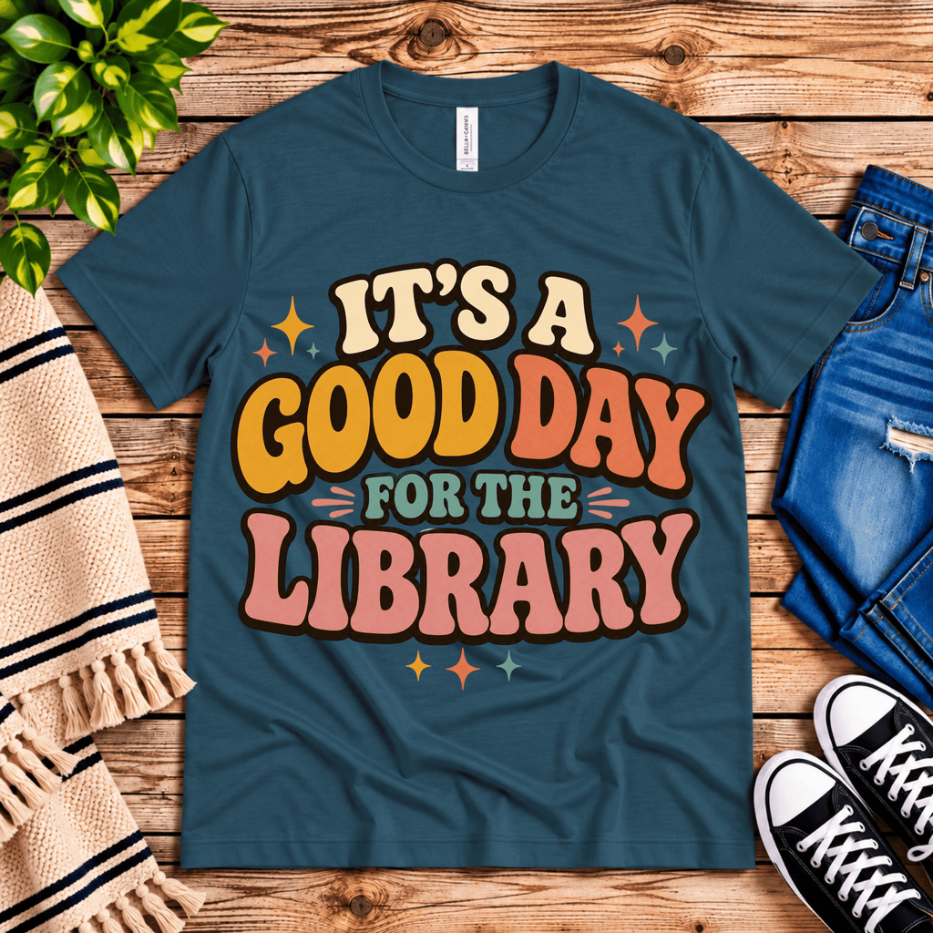 It's A Good Day book lovers graphic t-shirt cozy flat lay in deep teal.