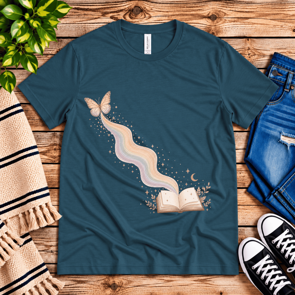 Rainbow Book whimsical book graphic t-shirt cozy flat lay in deep teal.