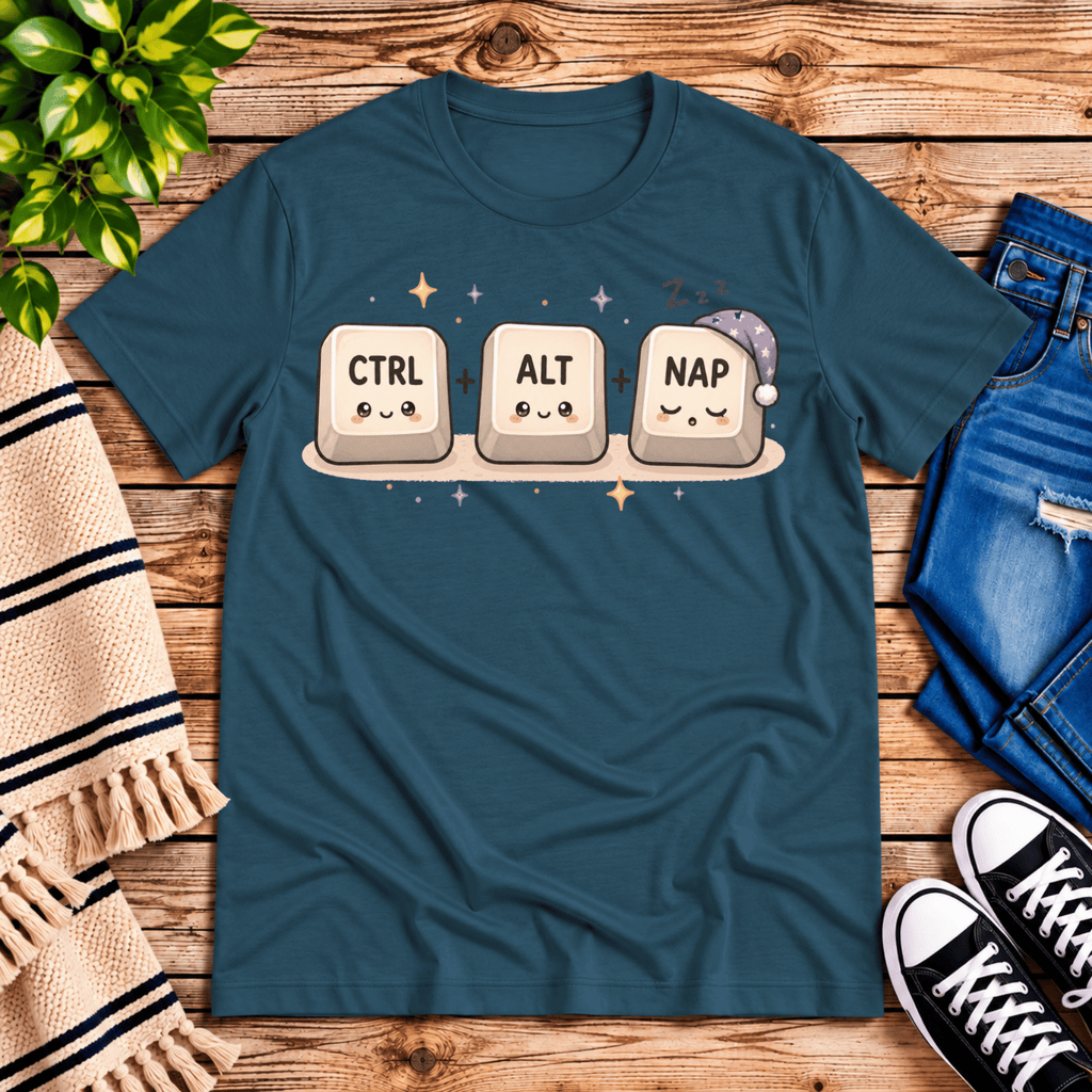 CTRL + ALT + NAP funny introvert graphic t-shirt cozy flat lay in deep teal.