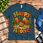 Happy Alone cute nature graphic t-shirt cozy flat lay in deep teal.