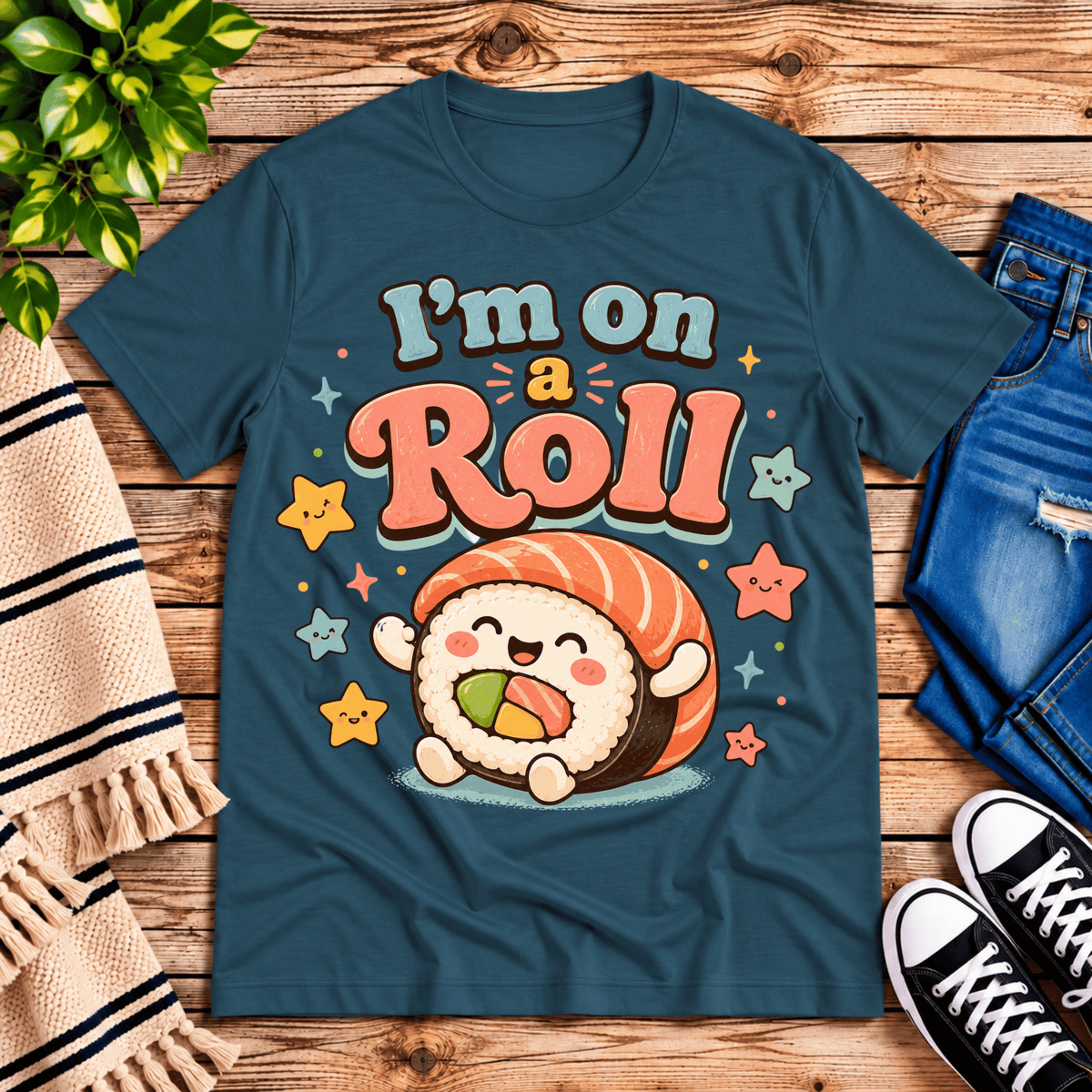 I'm On A Roll cute food graphic t-shirt cozy flat lay in deep teal.