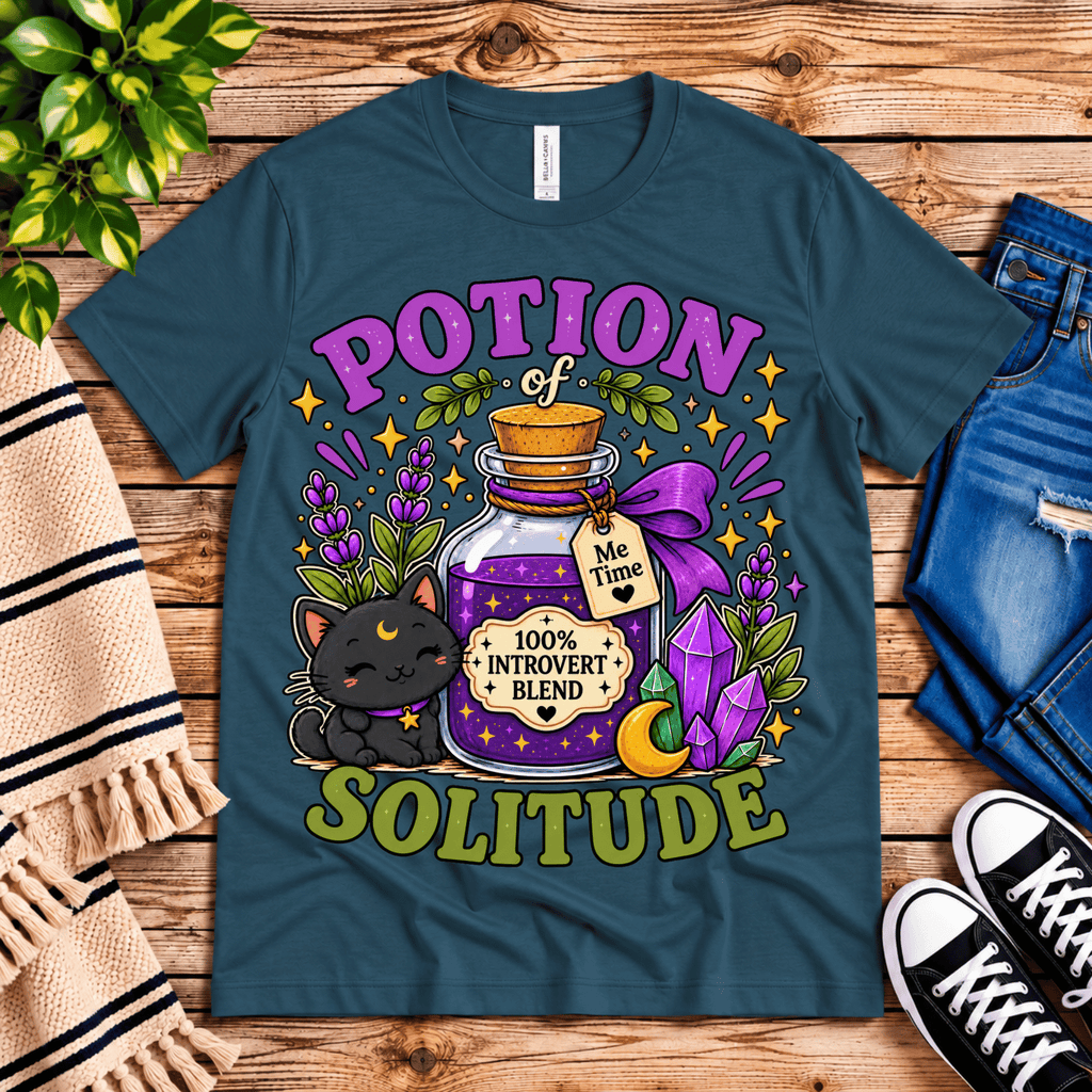 Potion Of Solitude cute celestial graphic t-shirt cozy flat lay in deep teal.